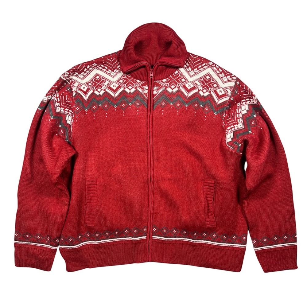 John Blair Full‎ Zip Cardigan Mens 2XL Red Fair Isle Nordic Sweater Excellent